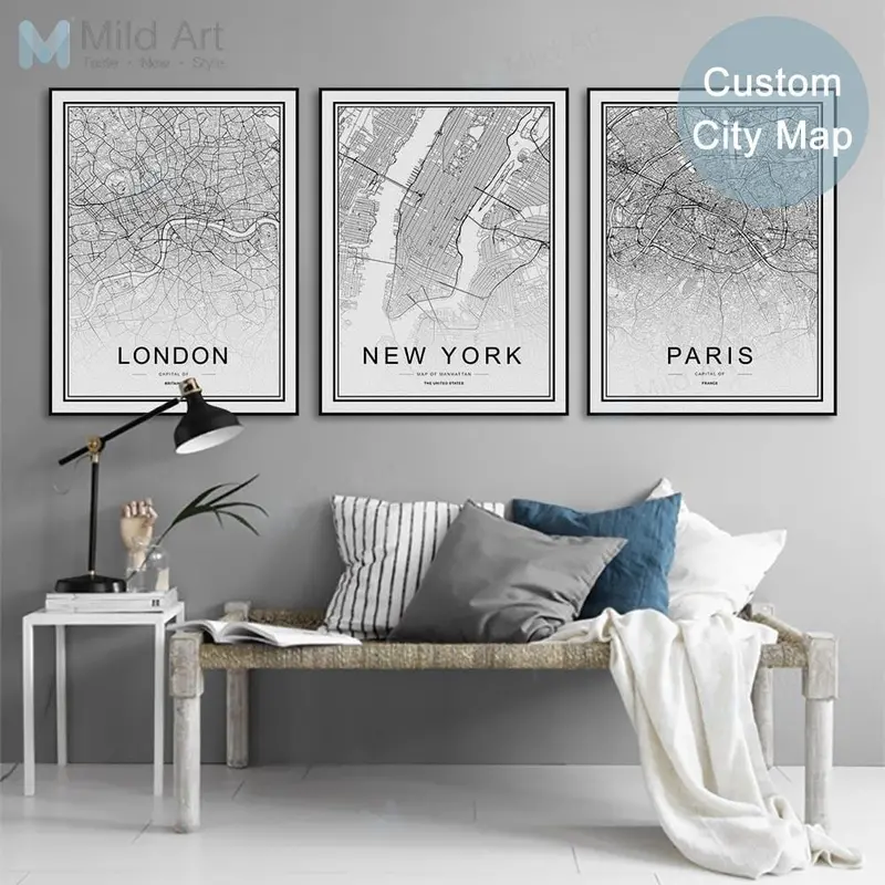 Black White Custom World City Map Paris London New York Posters Nordic Living Room Wall Art Pictures Home Decor Canvas Paintings 1