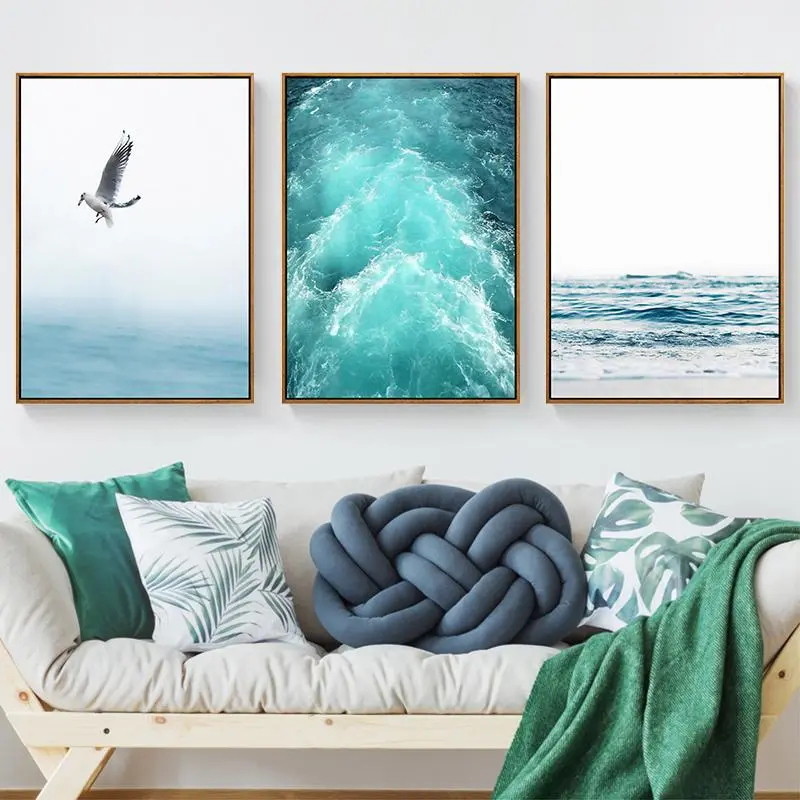 Blue Sea And Sky Nordic Landscape Canvas Painting Free Seagull Waves Beach Art Poster Living Room Decor Seabirds Wall 1