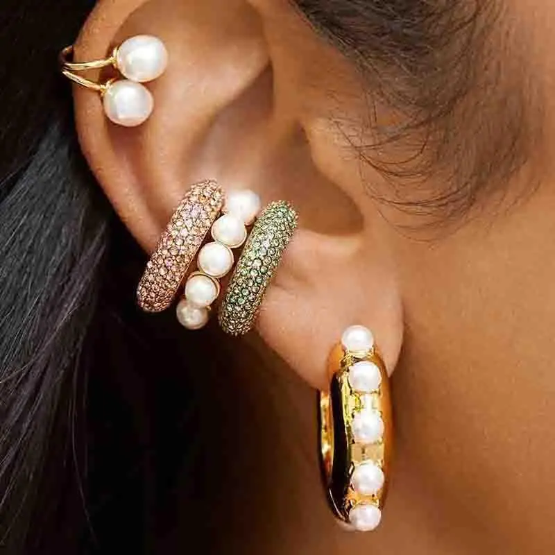 Boho Trendy Pearls Ear Cuff Earring For Women Girls Fashion Rainbow Cubic Zirconia Stones Small Clip Earring Bohemia Ear Jewelry 1
