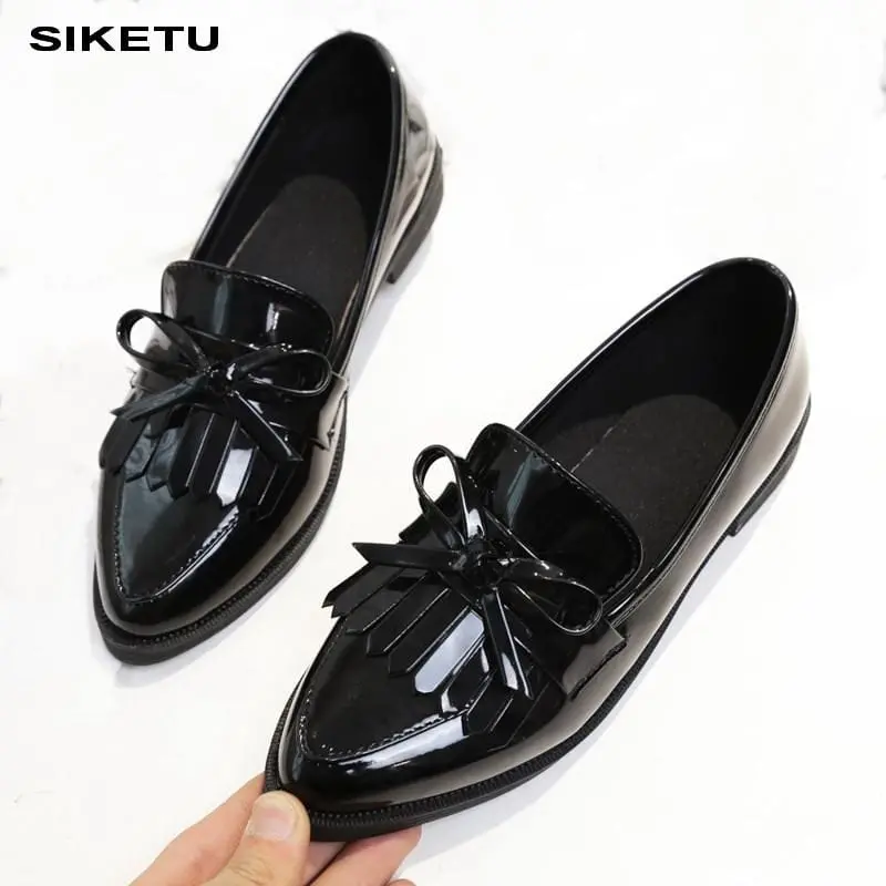 Brand Shoes Woman Casual Tassel Bow Pointed Toe Black Oxford Shoes For Women Flats Comfortable Slip On Women Shoes Free Gift 1