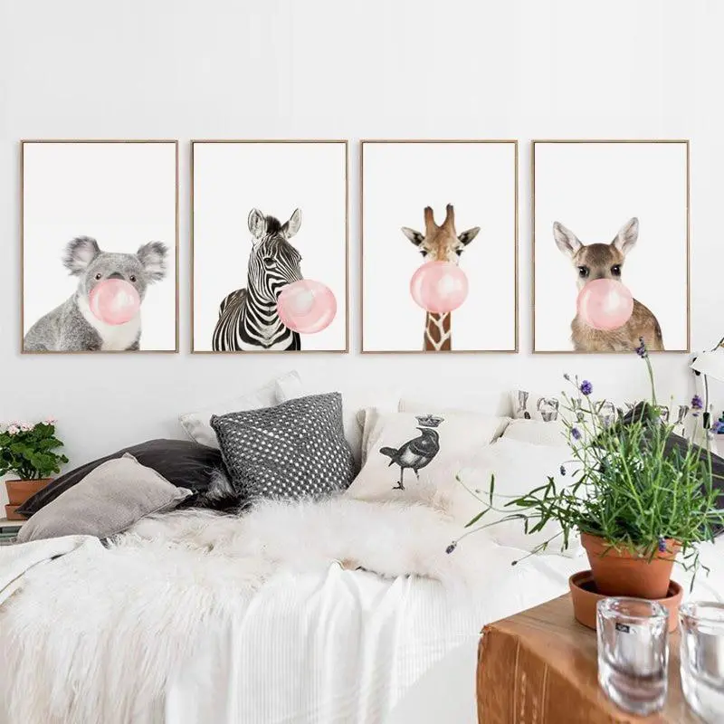 Bubble Chewing Gum Giraffe Zebra Animal Posters Canvas Art Painting Wall Art Nursery Decorative Picture Nordic Style Kids Deco 1