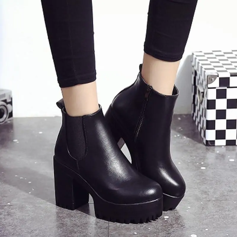 Chelsea Boots 2019 Female Leather Women Boots Thick Heels Ankle Boots For Women Round Toe Winter Shoes Women Flat Platform Boots 1