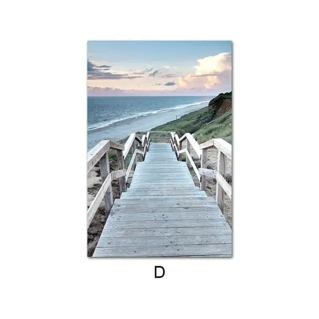 Coastal Seascape Canvas Poster Featuring Ocean, Beach, and Bridge – Scandinavian Nature Wall Art