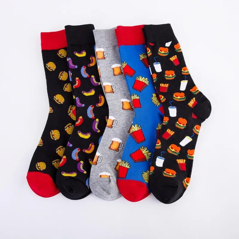 Colorful Hot Dog Hamburg Beer Pattern Novelty Crew Socks Men's Funny Food Kawaii Sokken Creative Casual Cotton Socks For Male 1