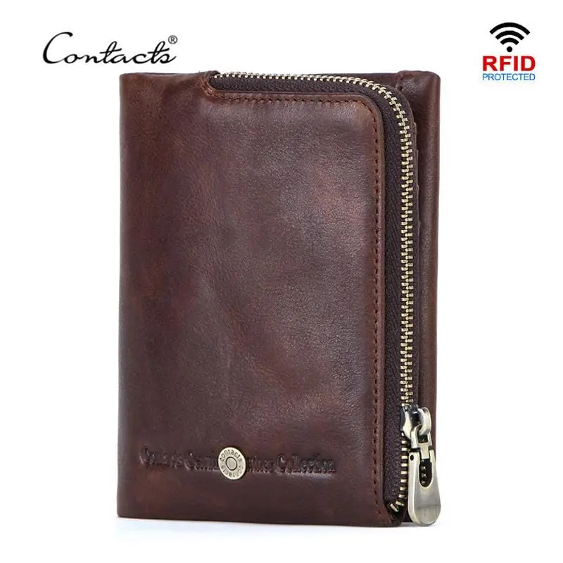 Contact's New Small Wallet Men Crazy Horse Wallets Coin Purse Quality Short Male Money Bag Rifd Cow Leather Card Wallet Cartera 1