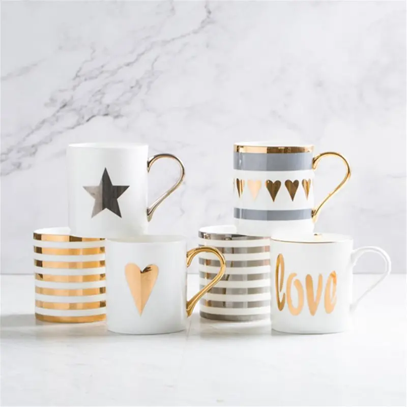 Creative Ceramic Milk Mug Love Star Stripe Pattern Gold Plating Handle Cup Office Household Coffee Milk Tea Mugs Home Decoration 1