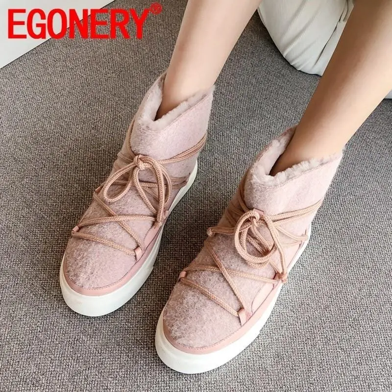 Egonery Cute Wool Snow Boots 34-42 Plus Size 2019 Winter Fashion Women's Flats Shoes Pink Apricot Black Ankle Boots Dropshipping 1