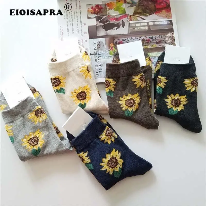 [Eioisapra]Korean Style Women Sunflower Short Socks Creative Art Harajuku Japanese Socks High Quality Cotton Tide Sox 1