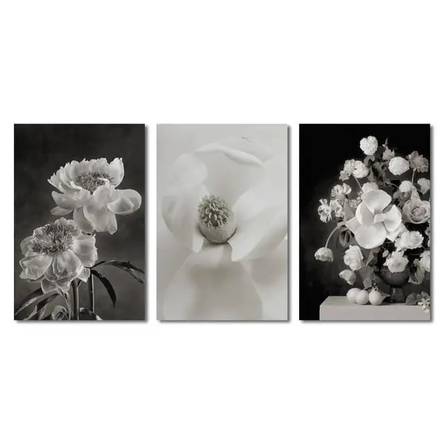 Elegant Black-and-White Floral Canvas Painting – European-Inspired Living Room Decor
