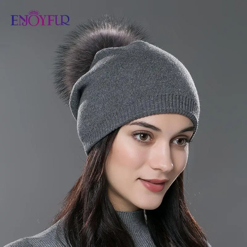 Enjoyfur Winter Women Real Fur Pom Pom Hats Wool Knitted Thick Warm Lined Beanies Hat Lady Fashion Bobble Ski Caps 1