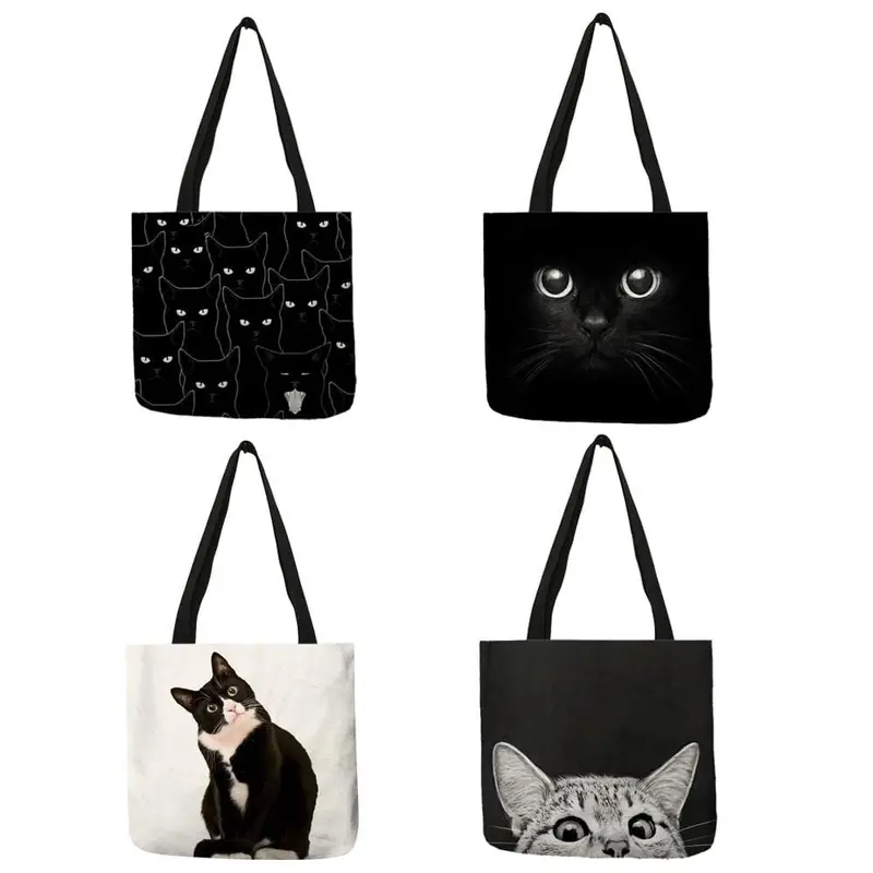 Fabric Traveling Shopping Bags Cute Cat Print Tote Bag For Women Personality School Shoulder Bags 1