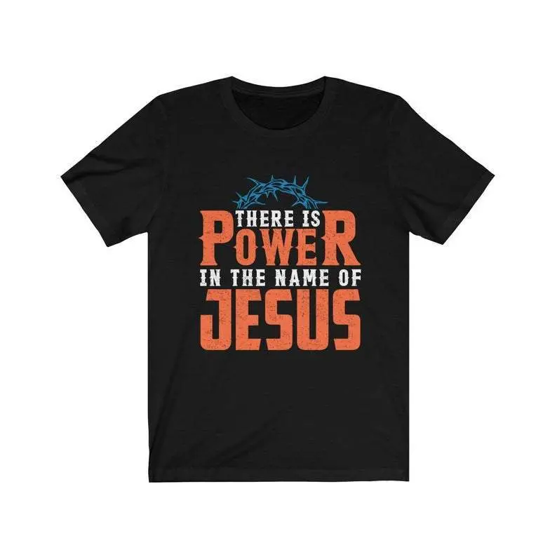 Faith-Based Graphic Tee – ‘Power in the Name of Jesus’ Christian Church Shirt