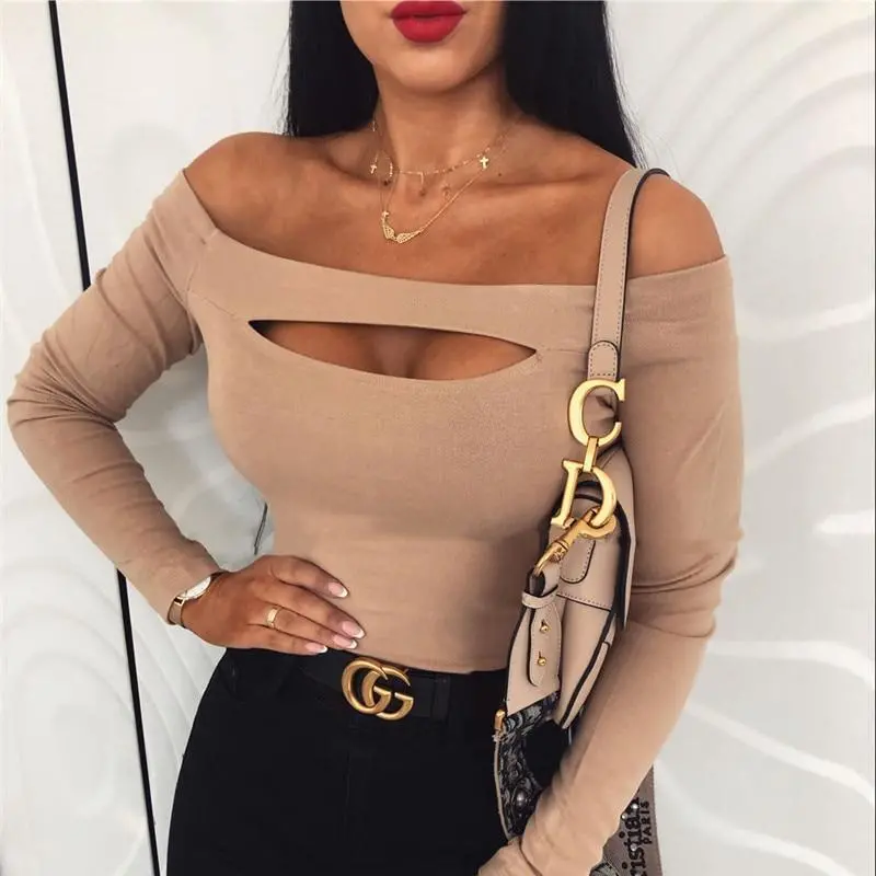 Fashion Women Sexy T Shirt Femme Off Shoulder Long Sleeve Tee Shirt Elegant Bandage Stretch Party Club Tshirt Streetwear 1