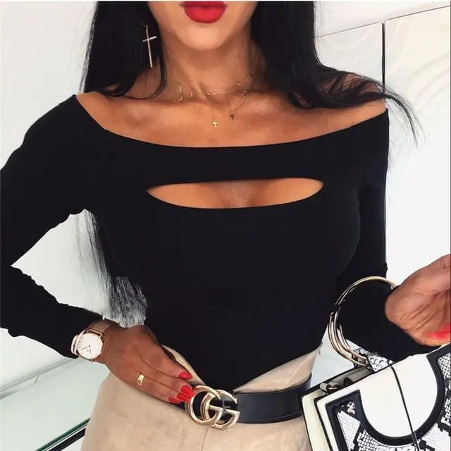 Fashion Women Sexy T Shirt Femme Off Shoulder Long Sleeve Tee Shirt Elegant Bandage Stretch Party Club Tshirt Streetwear 2