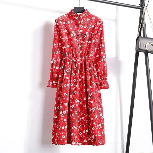 Floral Corduroy Tunic Dress for Women – Long-Sleeve Autumn/Winter Cotton Dress with Cherry Motif, Mori & Harajuku-Inspired Party Wear