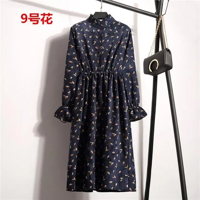 Floral Corduroy Tunic Dress for Women – Long-Sleeve Autumn/Winter Cotton Dress with Cherry Motif, Mori & Harajuku-Inspired Party Wear