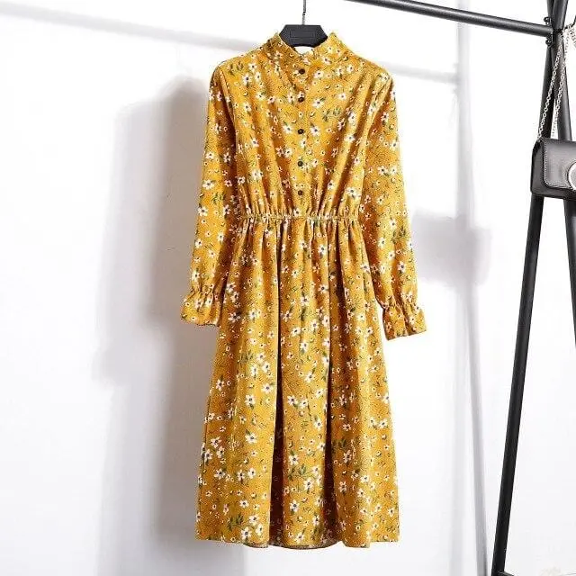 Floral Corduroy Tunic Dress for Women – Long-Sleeve Autumn/Winter Cotton Dress with Cherry Motif, Mori & Harajuku-Inspired Party Wear
