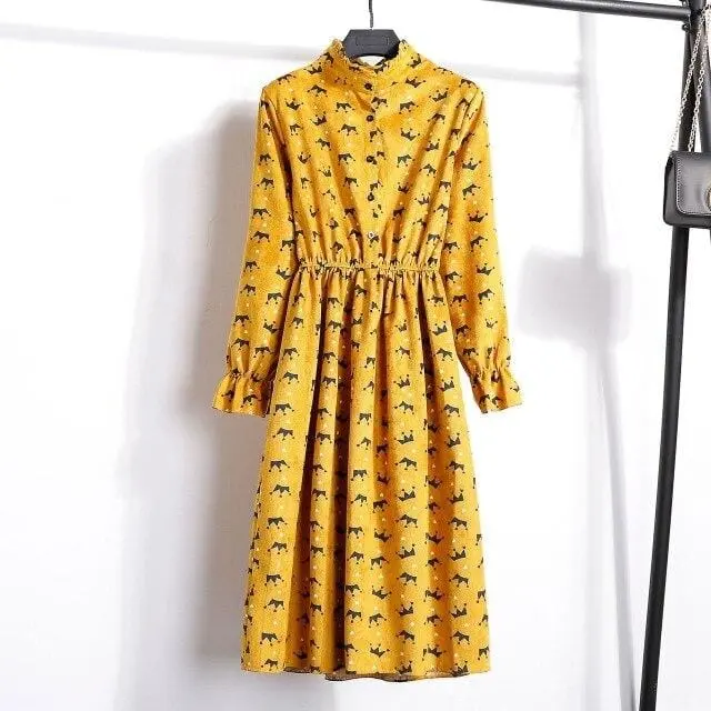 Floral Corduroy Tunic Dress for Women – Long-Sleeve Autumn/Winter Cotton Dress with Cherry Motif, Mori & Harajuku-Inspired Party Wear