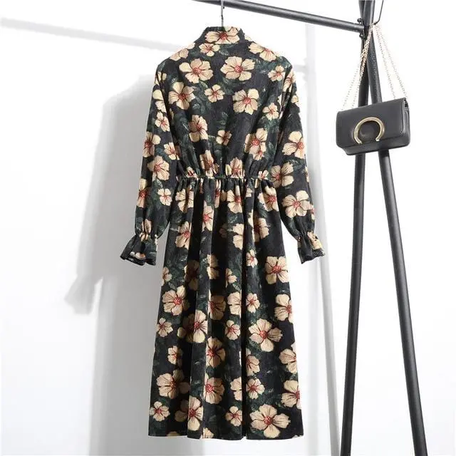 Floral Corduroy Tunic Dress for Women – Long-Sleeve Autumn/Winter Cotton Dress with Cherry Motif, Mori & Harajuku-Inspired Party Wear
