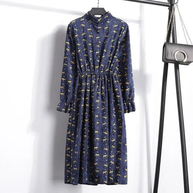 Floral Corduroy Tunic Dress for Women – Long-Sleeve Autumn/Winter Cotton Dress with Cherry Motif, Mori & Harajuku-Inspired Party Wear