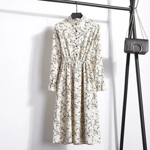 Floral Corduroy Tunic Dress for Women – Long-Sleeve Autumn/Winter Cotton Dress with Cherry Motif, Mori & Harajuku-Inspired Party Wear