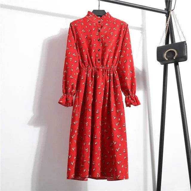 Floral Corduroy Tunic Dress for Women – Long-Sleeve Autumn/Winter Cotton Dress with Cherry Motif, Mori & Harajuku-Inspired Party Wear