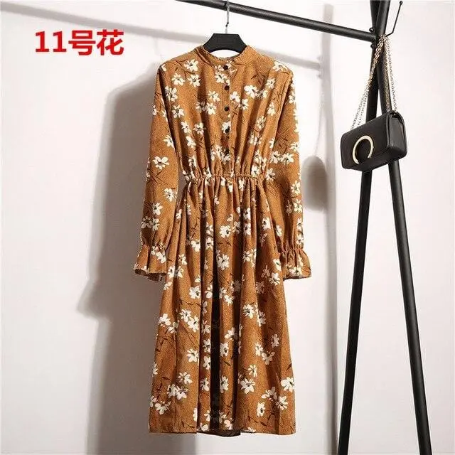 Floral Corduroy Tunic Dress for Women – Long-Sleeve Autumn/Winter Cotton Dress with Cherry Motif, Mori & Harajuku-Inspired Party Wear