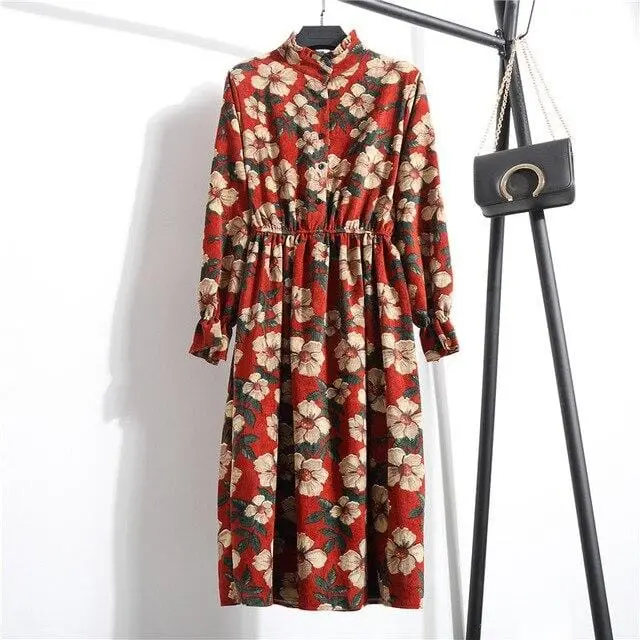 Floral Corduroy Tunic Dress for Women – Long-Sleeve Autumn/Winter Cotton Dress with Cherry Motif, Mori & Harajuku-Inspired Party Wear