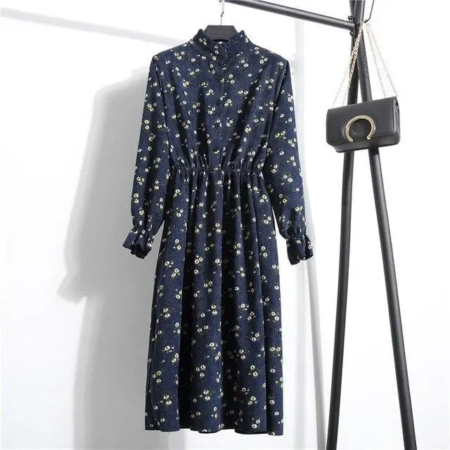 Floral Corduroy Tunic Dress for Women – Long-Sleeve Autumn/Winter Cotton Dress with Cherry Motif, Mori & Harajuku-Inspired Party Wear