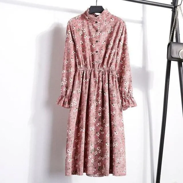 Floral Corduroy Tunic Dress for Women – Long-Sleeve Autumn/Winter Cotton Dress with Cherry Motif, Mori & Harajuku-Inspired Party Wear