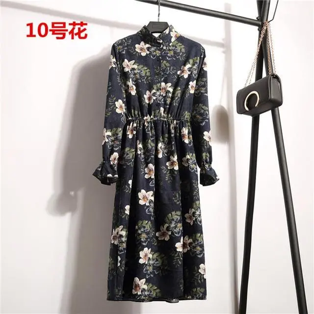 Floral Corduroy Tunic Dress for Women – Long-Sleeve Autumn/Winter Cotton Dress with Cherry Motif, Mori & Harajuku-Inspired Party Wear