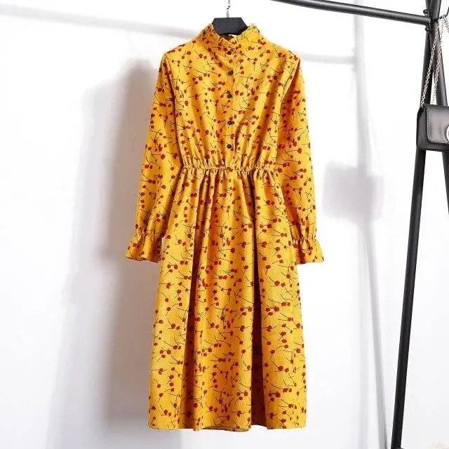 Floral Corduroy Tunic Dress for Women – Long-Sleeve Autumn/Winter Cotton Dress with Cherry Motif, Mori & Harajuku-Inspired Party Wear