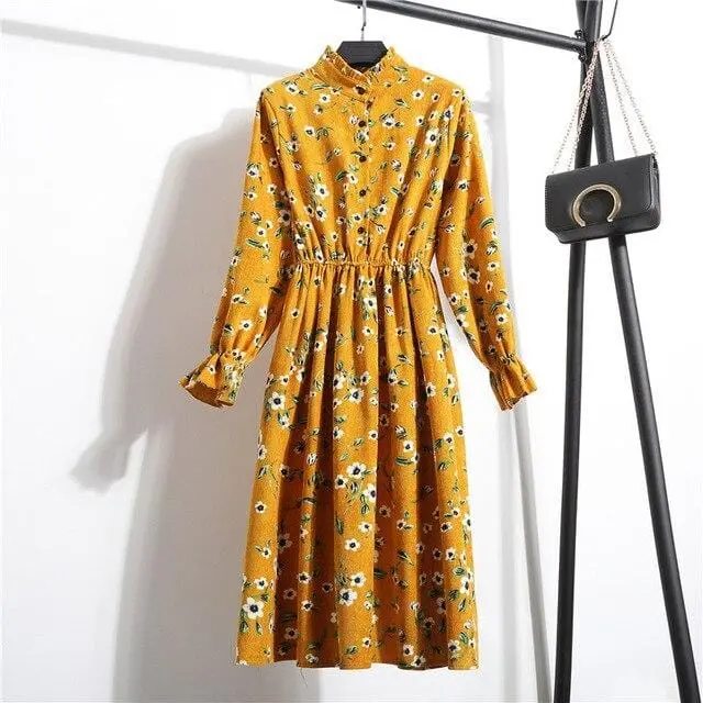 Floral Corduroy Tunic Dress for Women – Long-Sleeve Autumn/Winter Cotton Dress with Cherry Motif, Mori & Harajuku-Inspired Party Wear
