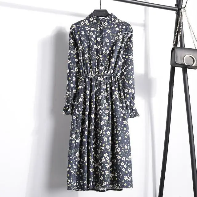 Floral Corduroy Tunic Dress for Women – Long-Sleeve Autumn/Winter Cotton Dress with Cherry Motif, Mori & Harajuku-Inspired Party Wear