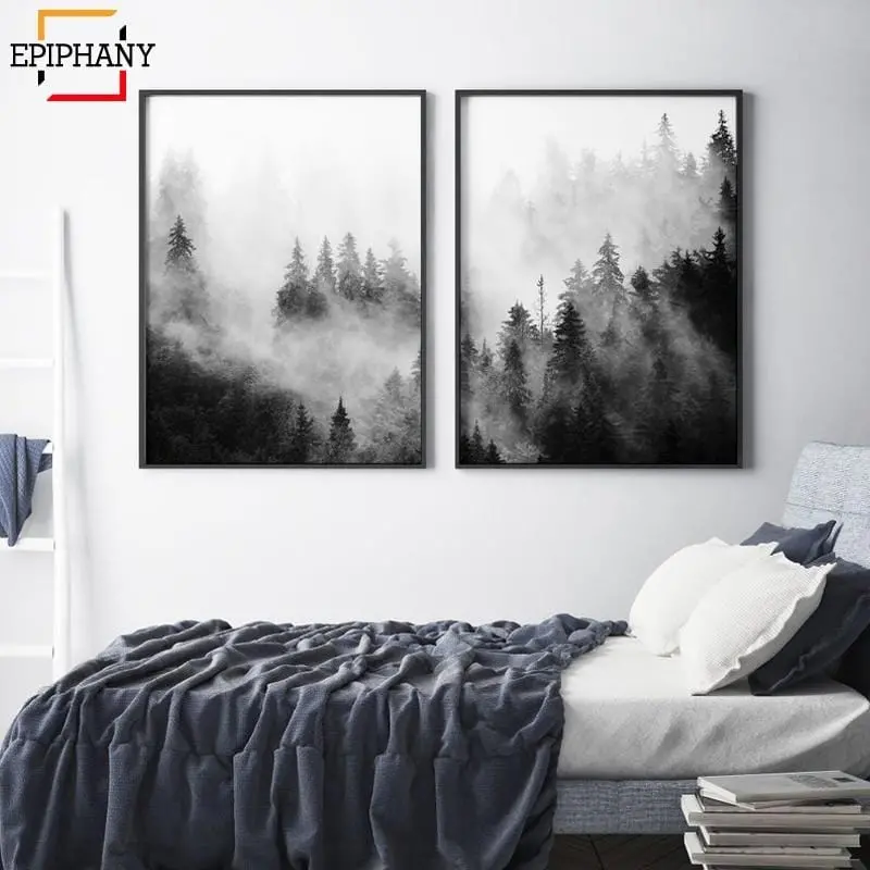 Forest Prints Black And White Nature Scandinavian Wall Art Canvas Painting Modern Minimalist Landscape Foggy Mountain Posters 1