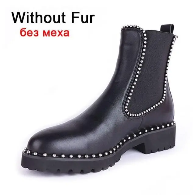 Genuine Leather Ankle Boots – British-Style Rivet Detail Flats with Elastic Band for Women