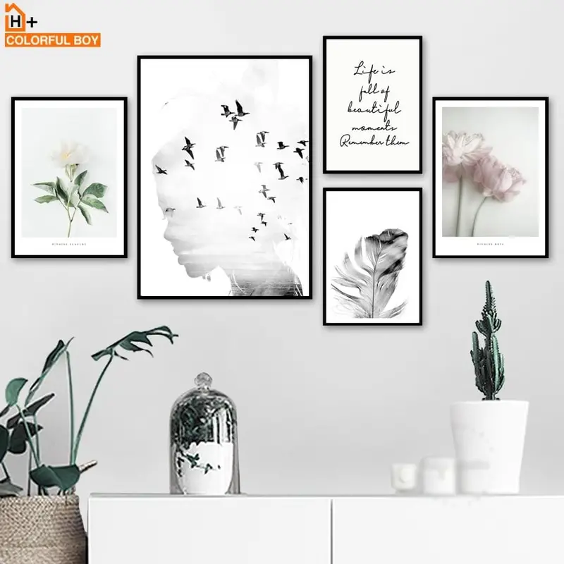 Girl Bird Flower Feather Quotes Landscape Wall Art Canvas Painting Nordic Posters And Prints Wall Pictures For Living Room Decor 1
