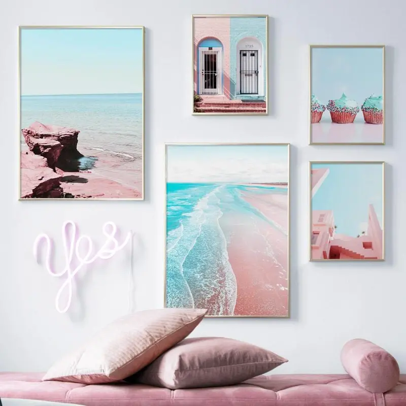 Gohipang Pink Beach Sea House Door Cake Landscape Wall Art Canvas Painting Nordic Posters And Prints Wall Pictures Living Room 1