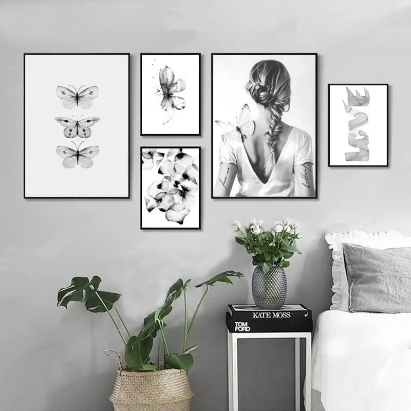 Gray Butterfly Girl Petal Love Posters And Prints Nordic Poster Wall Picture Canvas Art Wall Pictures For Living Room Unframed 1