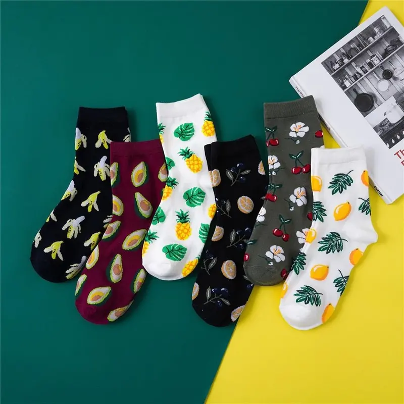 Harajuku Avocado Pineapple Print Cotton Ladies Socks Women Middle Tube Cute Fruits Happy Funny Socks Sox Casual College Wind 1
