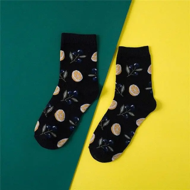 Harajuku Avocado Pineapple Print Cotton Ladies Socks Women Middle Tube Cute Fruits Happy Funny Socks Sox Casual College Wind 6