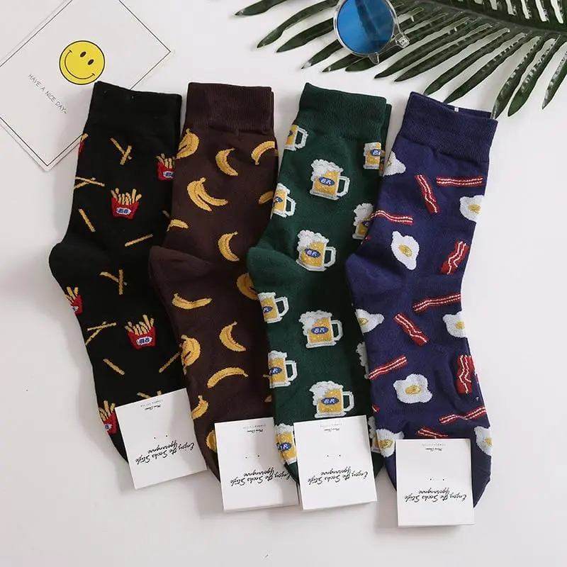 Harajuku Happy Socks Men's Funny Combed Cotton Dress Casual Wedding Socks Colorful Novelty Skateboard Socks Men Snack Pattern 1