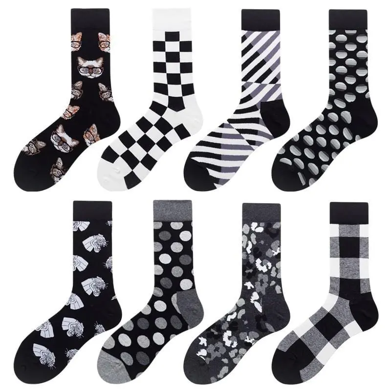 Harajuku Style Men Socks Black White Plaid Dot Cat Pattern Happy Socks New 2020 Hip Hop Combed Cotton Calcetines 1