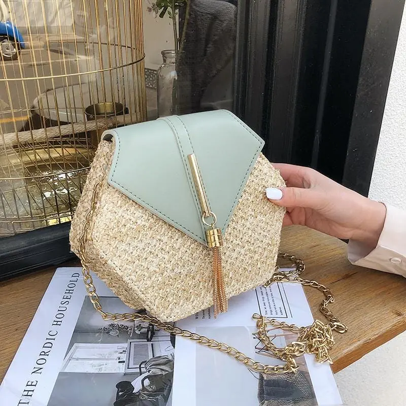 Hexagon Mulit Style Straw+Leather Handbag Women Summer Rattan Bag Handmade Woven Beach Circle Bohemia Shoulder Bag New Fashion 1