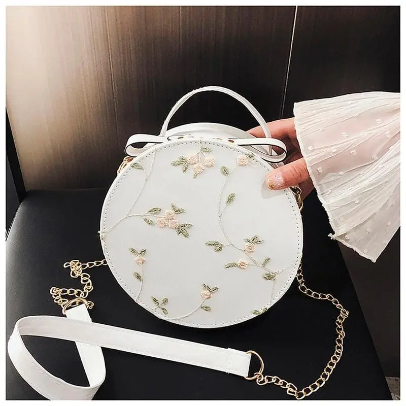 High Quality Sweet Lace Round Handbags 2019 Pu Leather Women Crossbody Bags Female Fashion Small Fresh Flower Chain Shoulder Bag 1