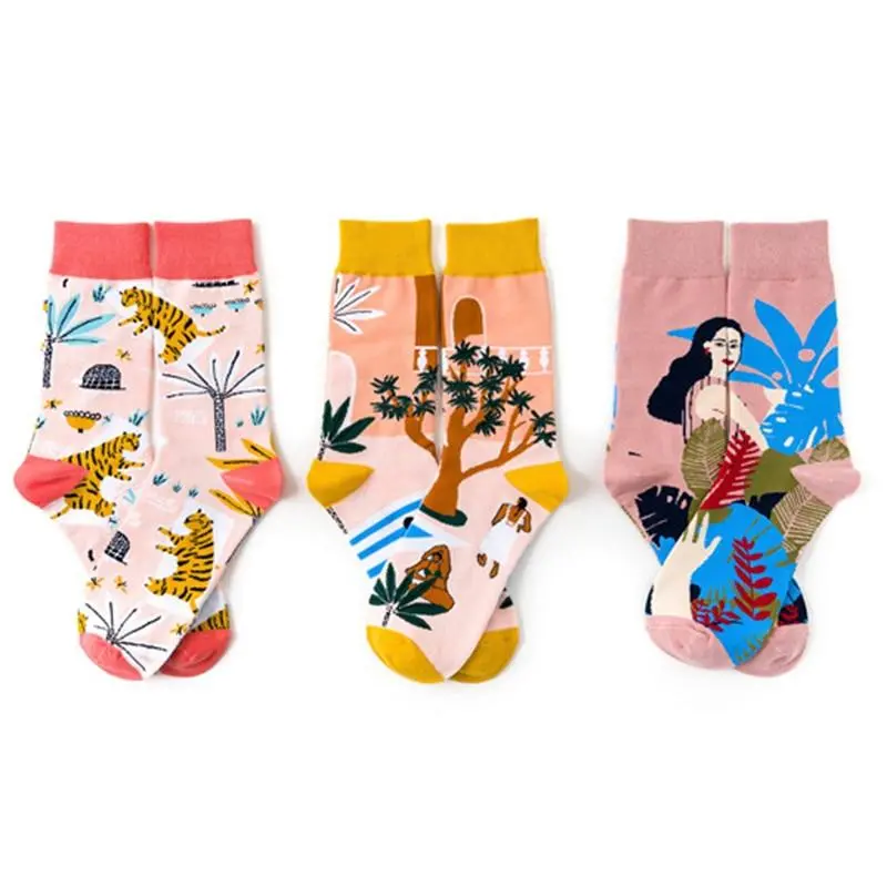 Hip-Hop Socks Women Autumn Cotton Cartoon Pattern Print Middle Tube Sox Breathable Personality Street Socks Adult Slim 1