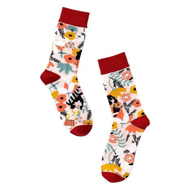 Hip-Hop Socks Women Autumn Cotton Cartoon Pattern Print Middle Tube Sox Breathable Personality Street Socks Adult Slim 5