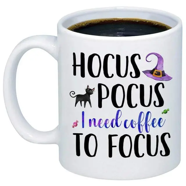 Hocus Pocus Halloween Mug – ‘I Need Coffee to Focus’ Pumpkin-Themed Fall Beverage Cup