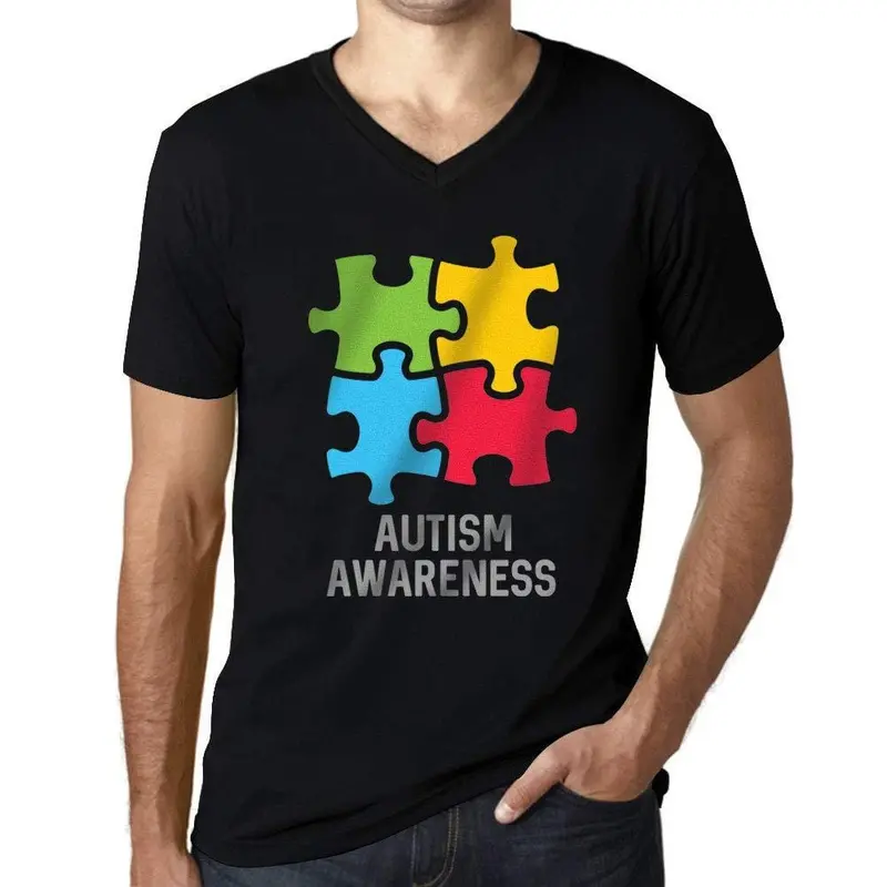 Homme Graphique Col V Tee Shirt Autism Awareness Noir Profond 1