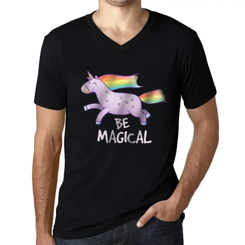 Homme Graphique Col V Tee Shirt Be Magical Unicorn Noir Profond 1